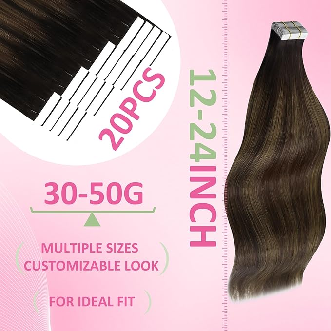 YoungSee Human Hair Tape in Extensions Dark Brown Tape in Hair Extensions Balayage Dark Brown to Ash Brown Real Human Hair Tape-in Extension 16In Ombre Hair Extensios Real Human Hair Tape-in 20pcs 50g