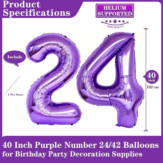 Purple 24 Number Balloons, 40 Inch Giant Number 24 Balloons Foil Mylar Helium - Image 2