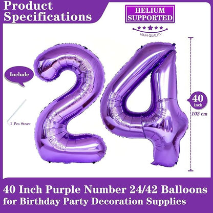 Purple 24 Number Balloons, 40 Inch Giant Number 24 Balloons Foil Mylar Helium - Image 2