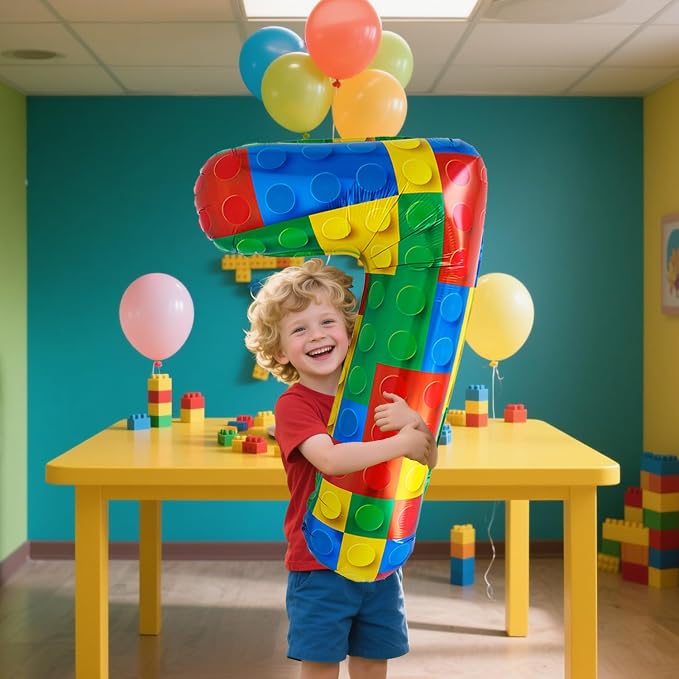 32 Inch Stackable Block Number 7 Balloon – Colorful Brick Building Themed Big - Image 3