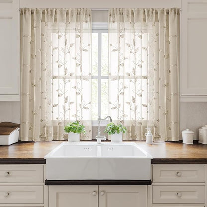 HOMEIDEAS Taupe Sheer Curtains 52 x 54 Inch Length 2 Panels Beige Embroidered - Image 6