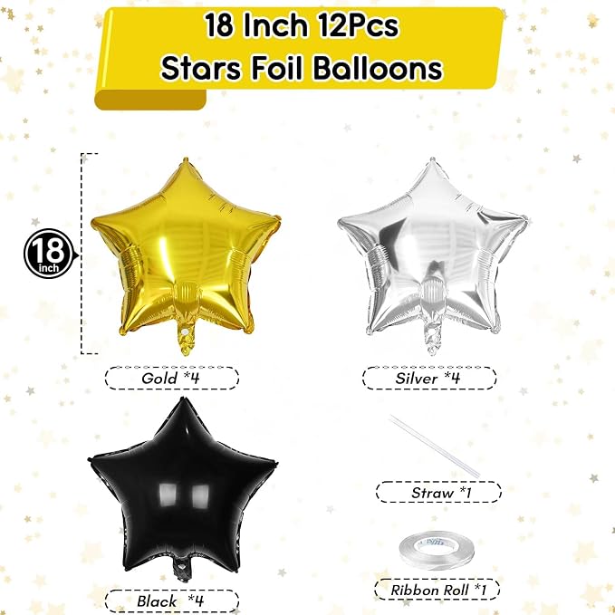 Black Gold Star Foil Balloons, 18 Inch 12Pcs Silver and Black Pentagram - Image 2