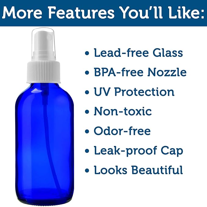Sally's Organics Empty Blue Glass Small Portable Atomizer Spritzer, 2 Pack (4oz)