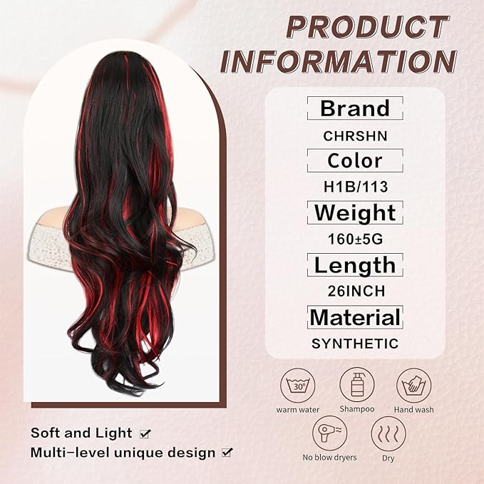 Ponytail Extension, Drawstring Ponytail Extension for Women 26 Inch Long Wavy Highlights Pony Tails Hair Extensions Synthetic Clip in Ponytail Hairpiece for Women(H1B/113)