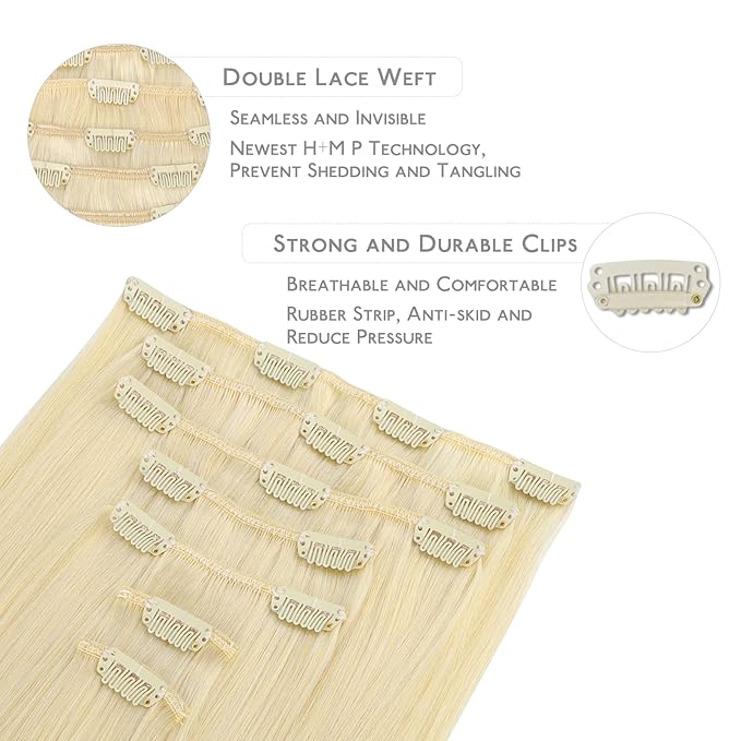 WENNALIFE Clip in Hair Extensions Real Human Hair, 24 Inch 120g 7pcs Human Hair Extensions Clip In Human Hair, Bleach Blonde Hair Extensions Clip In Real Hair Coloured Remy Human Hair Extensions