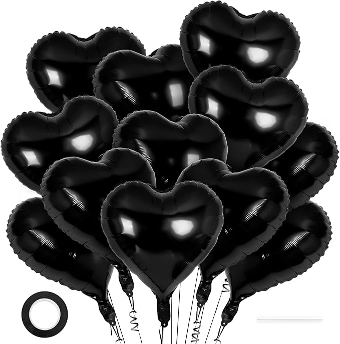 12 Pcs Black Heart Balloons, 18 Inch Heart Foil Balloons Love Balloon Valentine by YOTHORN