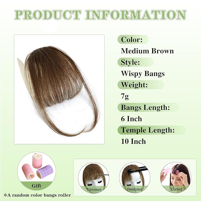NAYOO Bangs Hair Clip -Medium Brown Fake Bangs 100% Real Human Hair Extensions Wispy Bangs for Women Fringe with Temples Hairpieces Curved Bangs for Daily Wear