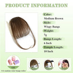 NAYOO Bangs Hair Clip -Medium Brown Fake Bangs 100% Real Human Hair Extensions Wispy Bangs for Women Fringe with Temples Hairpieces Curved Bangs for Daily Wear