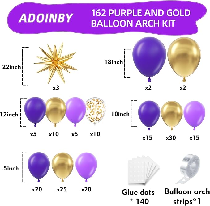Purple and Gold Balloon Arch Kit, Different Size Balloons - Image 2