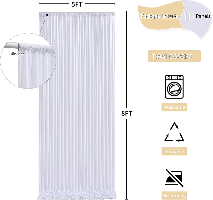 50 ft x 8 ft White Backdrop Curtain Draps - Image 5