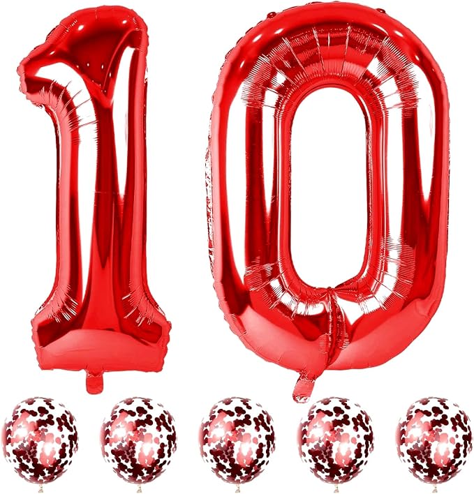10th Birthday Balloons for Girls Boys, 40 Inch Giant Red Foil Number 10 Balloons by Lingqiang