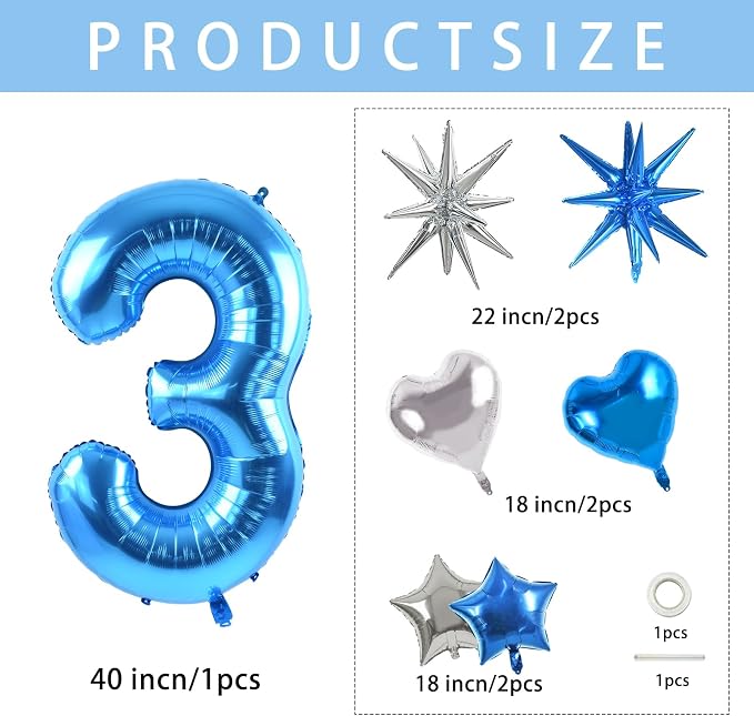 TONIFUL 3rd Birthday Balloons Kit 40 Inch Blue Large Number 3 Foil Balloon | - Image 2
