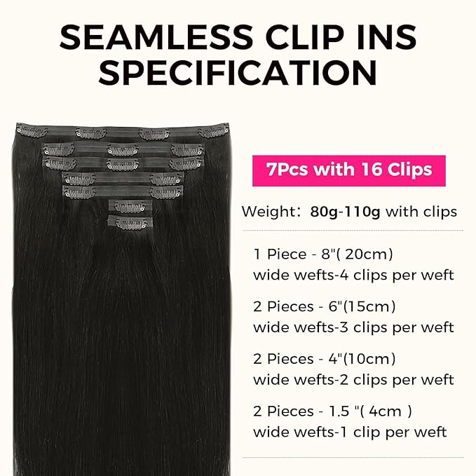 Lashey Seamless Clip in Human Hair Extensions, 110g 7pcs Straight 18 Inch Hair Extensions Natural Black 100% Real Human Hair Clip in Hair Extensions with Soft PU Skin Weft for Black Women