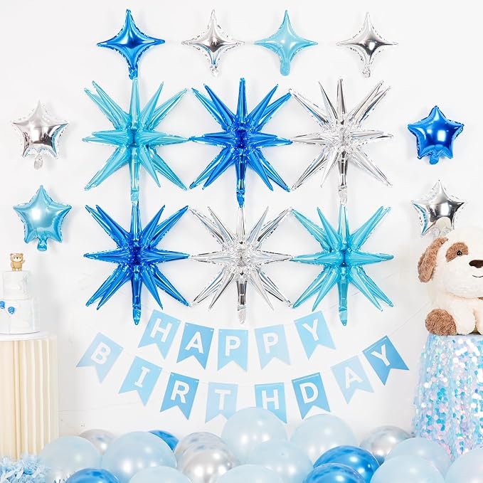 14pcs Blue Silver Star Balloons, Mixed Star Foil Balloon, 22Inch Explosion - Image 3