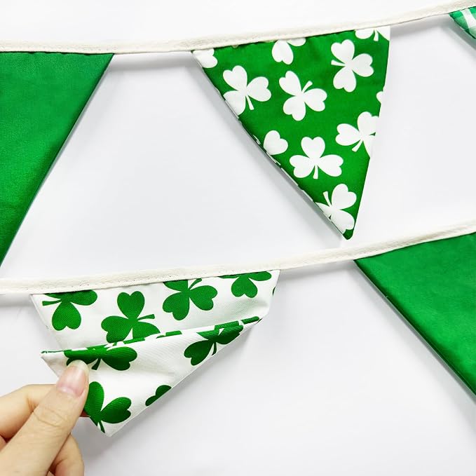 2 Sets of Shamrocks Nursery Garland 20Pcs Green Plaid Clover Pennant Banner - Image 8