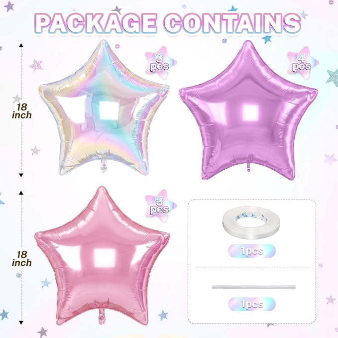 Pink and Purple Star Balloons, 18 Inches Iridescent Star Foil Balloons - Image 2