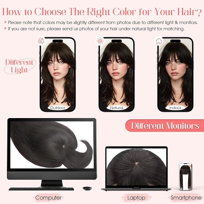 Hairro Mono Hair Toppers with Bangs, 3.4" x 3.4" Mono Base 100% Real Human Hairpieces for Women, 150% Density Clips In Topper for Greyish Thinning Hair, 10 Inch Cocoa Brown