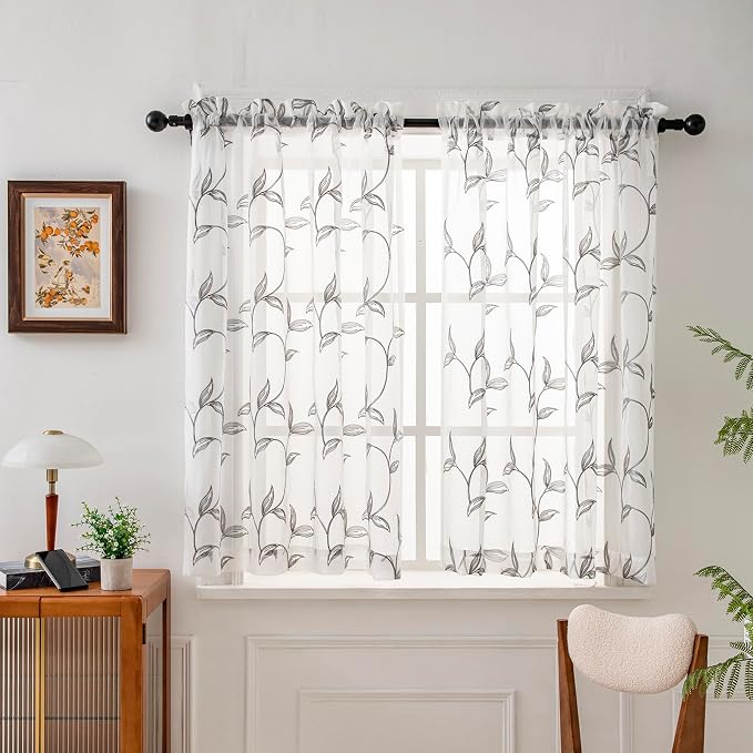 Sheer Curtains Boho Leaf Floral Embroidered Grey 54Wx56L | Light Filtering Semi by VISIONTEX