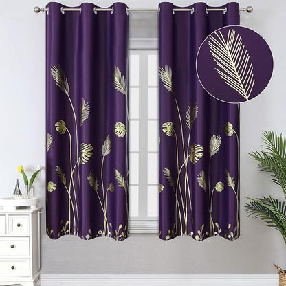 Purple Blackout Curtains for Bedroom, Room Darkening Gold Palm Tree Pattern by ESTELARTEXTILER