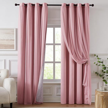 100% Blackout Curtains for Bedroom, Double Layer Pink Curtains, Room Darkening by Swandream