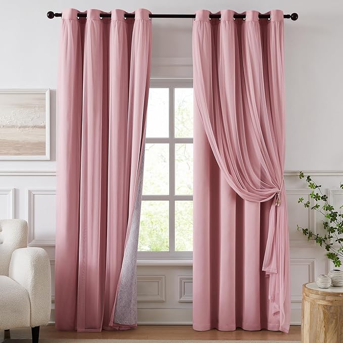 100% Blackout Curtains for Bedroom, Double Layer Pink Curtains, Room Darkening by Swandream