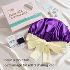 YFONG 100% 22 Momme Mulberry Silk Bonnet for Sleeping Women, Larger Double Layer Silk Hair Wrap for Curly Short Long Hair, Non-Slip Sleep Cap Turban with Elastic Tie Band (Purple & Yellow)