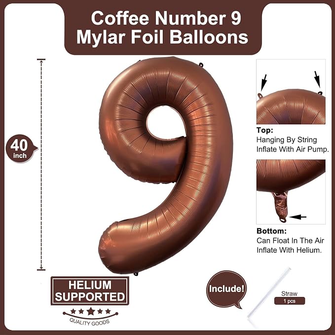 40 Inch Coffee Brown Number 9 Balloon Large Size Jumbo Digit Mylar Foil Retro - Image 2