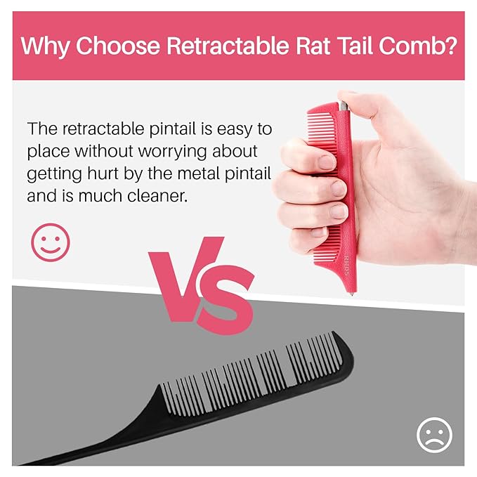 RHOS Retractable Fine Tooth Comb for Hair Parting, Styling, Cutting and Braiding - Carbon and Stainless Steel Pin Tail Comb (Pink)