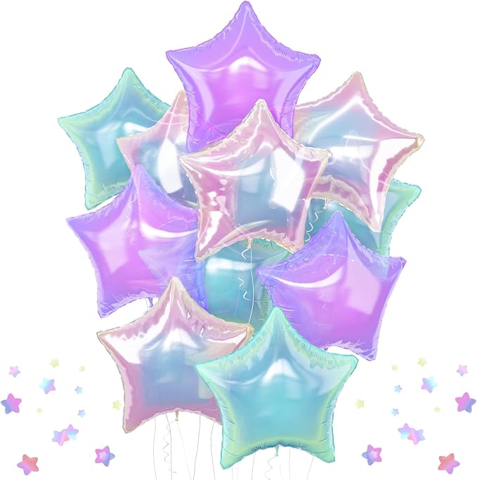 Iridescent Star Balloons, Gradient Iridescent Pink Purple Green Pentagram by TAOYE