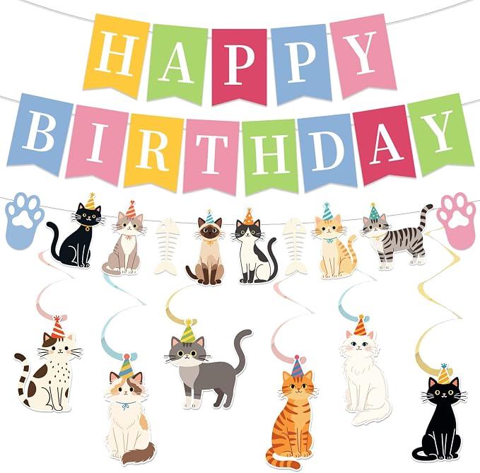 Cat Birthday Banner, Colorful Cat Themed Birthday Party Decorations, Cute by Unknown