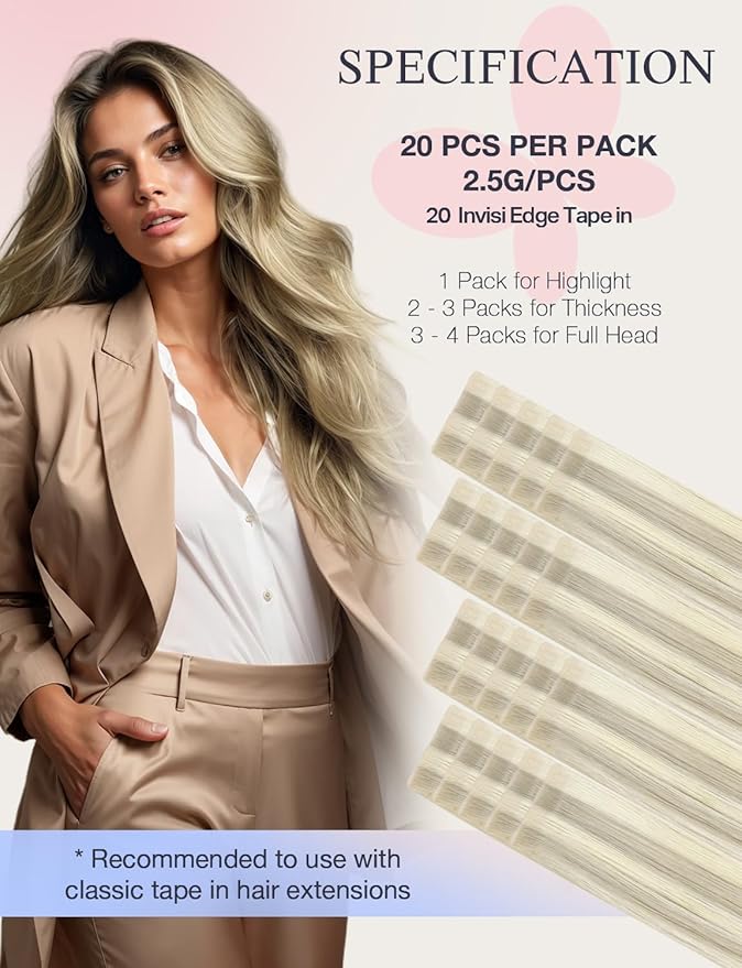 DOORES Invisi Edge Hair Extensions Real Human Hair Tape in, Ash Blonde Highlighted Platinum Blonde 10 Injection Tape-ins with 10 Injection Tape-ins 50g 20 Inch, Injected Tape in
