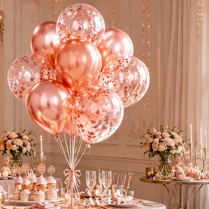 AULE 42Pcs Metallic 12 Inch Rose Gold Confetti Balloons Set | Rose Gold Party - Image 4