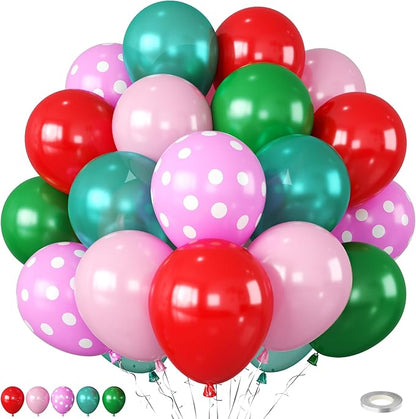 Red Pink Green Balloons with Pink Polka Dots Print Balloon, Pearl Turquoise by Paready
