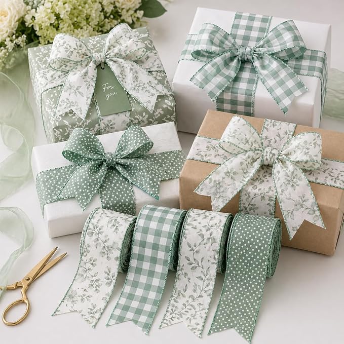 Sage Green Wired Ribbon, 4 Rolls 2.5 Inch Decorative Gingham Ribbon - Image 4
