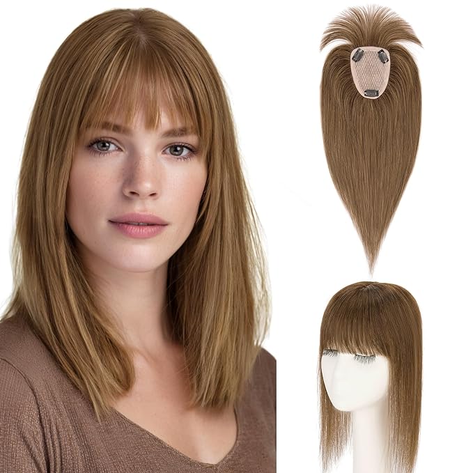 Hairro Human Hair Toppers with Wispy Bangs, 3.5x4.7" Hand-wovened Base for Women with Thinning Hair, Lightweight & Breathable Realistic Scalp, Clip-in Hairpieces for Easy Wear, 10 Inch Medium Brown