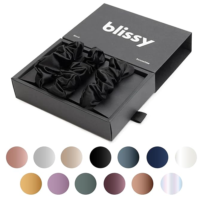 Blissy Silk Scrunchies (3 Pack) - 100% Pure Mulberry Silk - 22 Momme 6A High-Grade Fibers Scrunchie for Straight & Curly Hair - Preventing Breakage, Tangling, & Creasing (Black Regular)