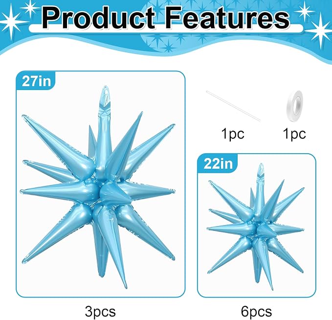9Pcs Light Blue Star Balloons, Large Explosion Star Foil Balloons, Metallic - Image 2
