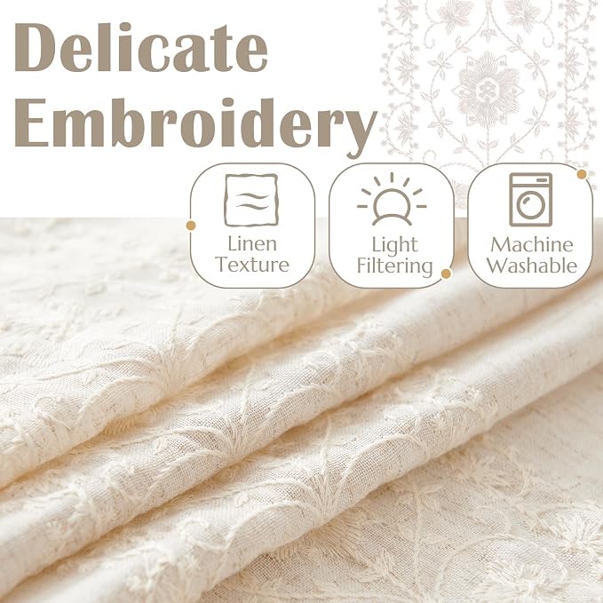 jinchan Floral Linen Curtains Embroidered Back Tab 50x84in 4 Panels Ivory | - Image 4