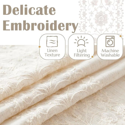jinchan Floral Linen Curtains Embroidered Back Tab 50x84in 4 Panels Ivory | - Image 4