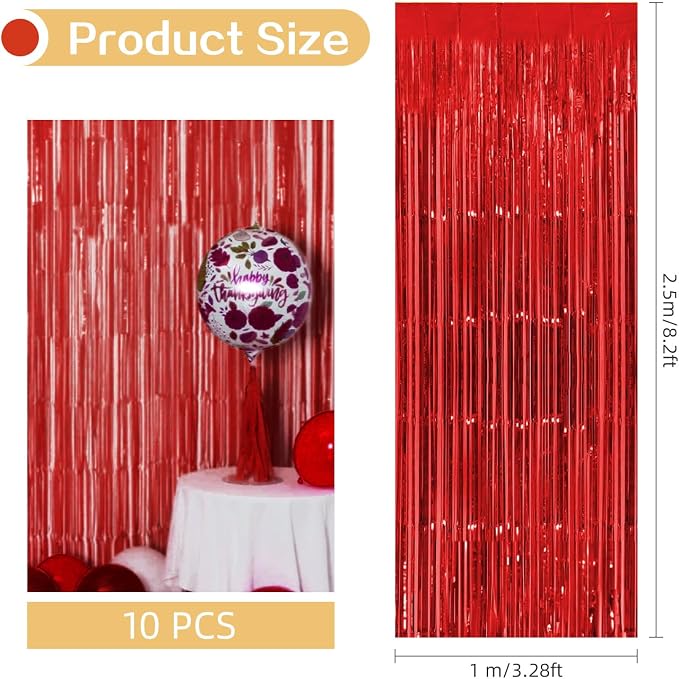10 Pack Red Backdrop Curtain 3.2ft x 8.2ft Metallic Tinsel Foil Fringe Curtains - Image 3