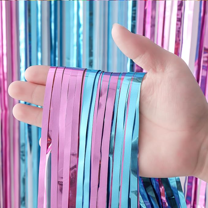 Voircoloria Blue Pink Foil Fringe Backdrop Curtains, 3 Pack | Tinsel Streamers - Image 2