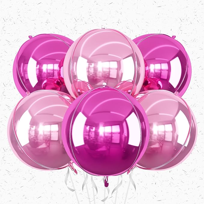 6Pcs Hot Pink and Pink Round Foil Balloons, Giant 4D Round Ball Balloons by Adorely