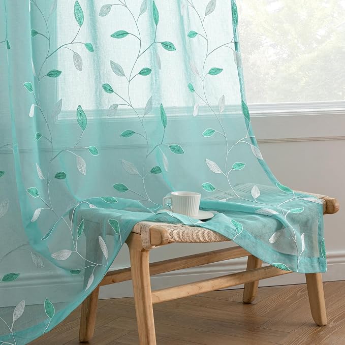 MIULEE Turquoise Sheer Curtains 2 Panels Leaf Patterned, W52 x L63 | by MIULEE