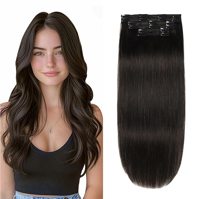 XDhair Clip in Hair Extensions Real Human Hair 16 Inch 100g Natural Straight Human Hair Clip in Extensions for Woman Double Weft #1B