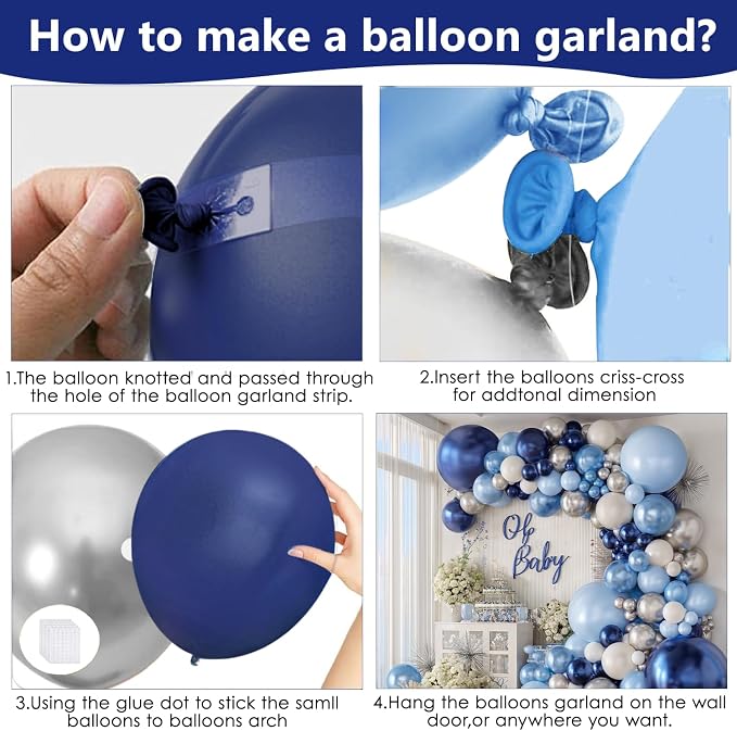 Navy Light Metallic Blue Silver White Balloons Arch Kit 129 Pcs | Baby Shower - Image 3