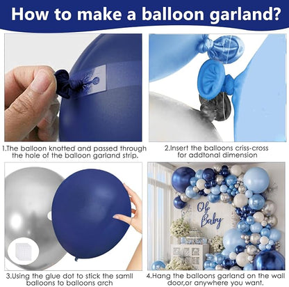 Navy Light Metallic Blue Silver White Balloons Arch Kit 129 Pcs | Baby Shower - Image 3
