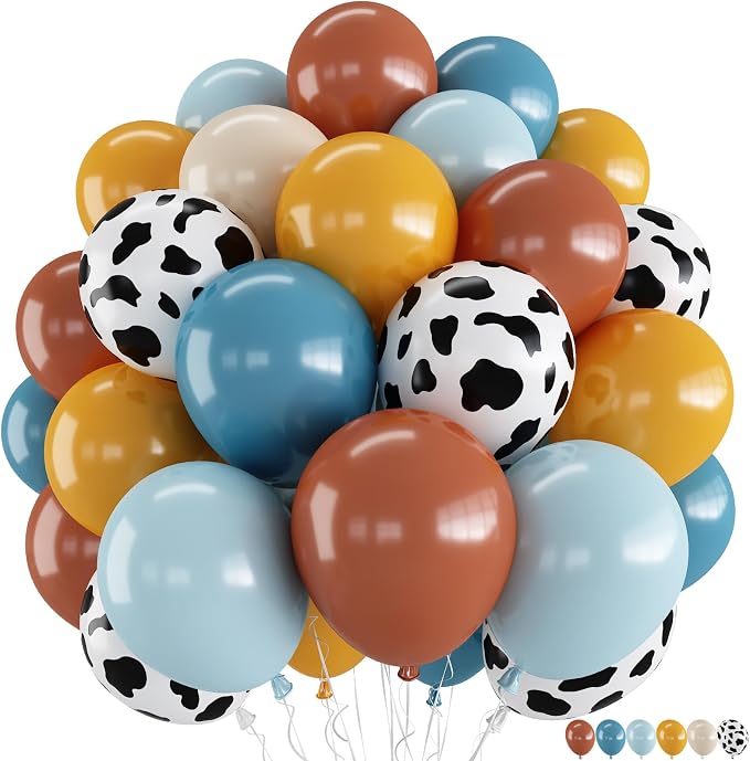 Cow Print Balloons, 12 Inch Cowboy Dusty Slate Blue Brown Yellow Sand White by Jobkoo