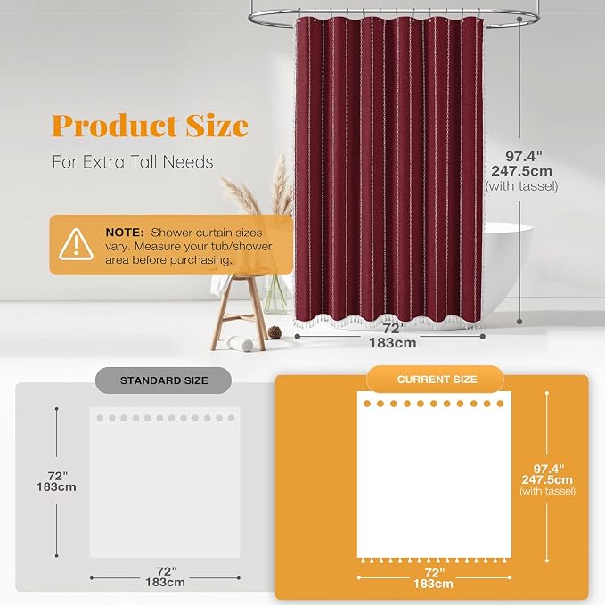72x96 Extra Long Boho Linen Heavy Duty Shower Curtain Set, Burgundy | Extra - Image 3