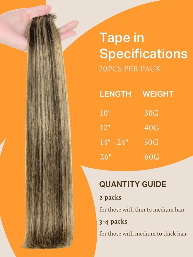 DOORES Tape in Hair Extensions, Real Human Hair, Chocolate Brown Highlight Caramel Blonde 20pcs 50g 18 Inch, Invisible Remy Straight Hair