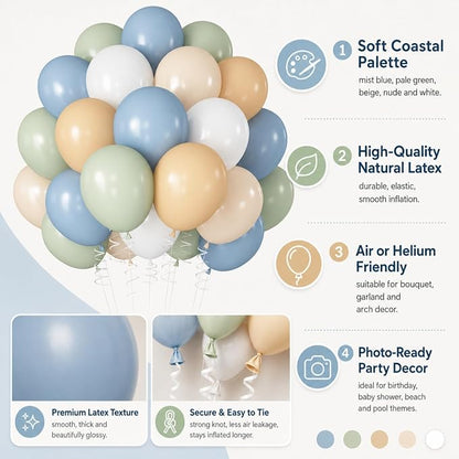 Blue Green White Balloons 12INCH Coastal Summer Baby Shower Birthday Decor | - Image 8